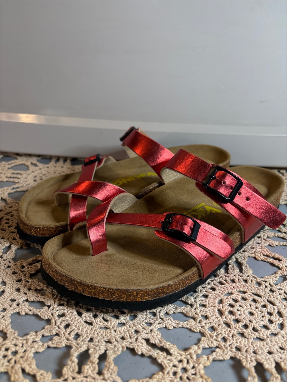 Red Metallic Strappy Women's Sandals with Buckles Viking